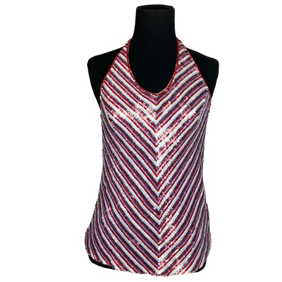 Vintage Y2K DKNY Top S SILK Stripe Sequins Red Blue White Halter Tie-Neck-Bow - Picture 1 of 5